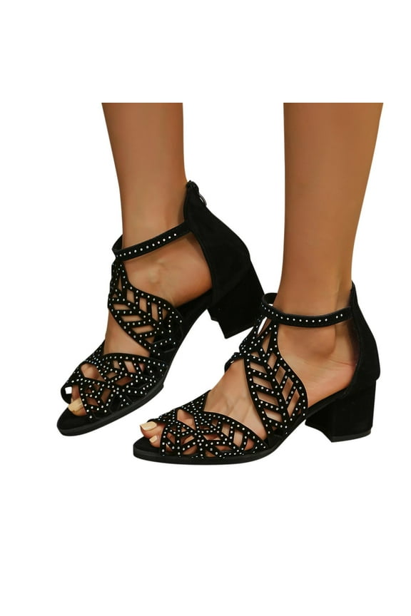 Women's High Heels Sandals Summer Open Toe Rhinestone Hollow Out Back Zipper Trendy Shoes Black Mothers Day Gifts