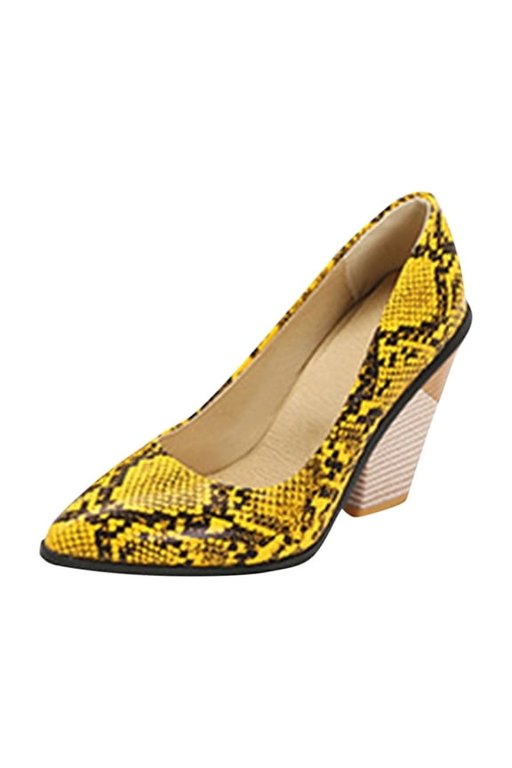 Women's High Heels Shoes Chunky Block Heels Pointed Toe Slip-On Mid-Heel Dress Pumps Yellow Mothers Day Gifts