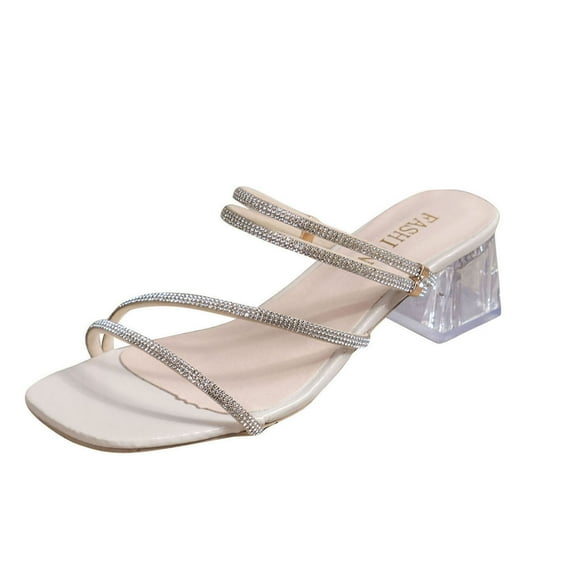Nrmvnmi Women's High Heels Slides Open Toe Rhinestone Summer Strappy Dreesy Mules Square Toe Slip on Chunky Block Heels Sandals Beige Mothers Day Gifts