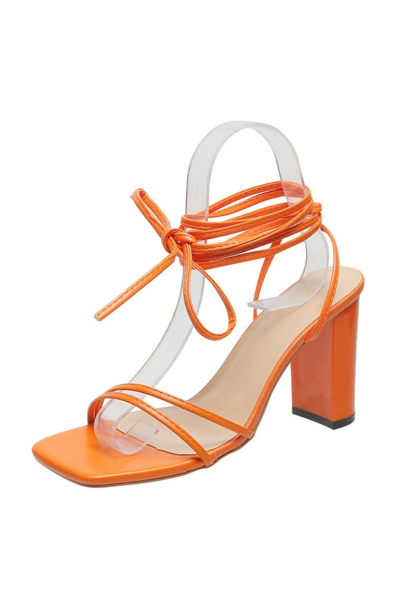Women's High Heels Strappy Lace Up Open Toe Block Chunky Heel Sandals Summer Holiday Party Wedding Dress Pumps Shoes Orange Mothers Day Gifts