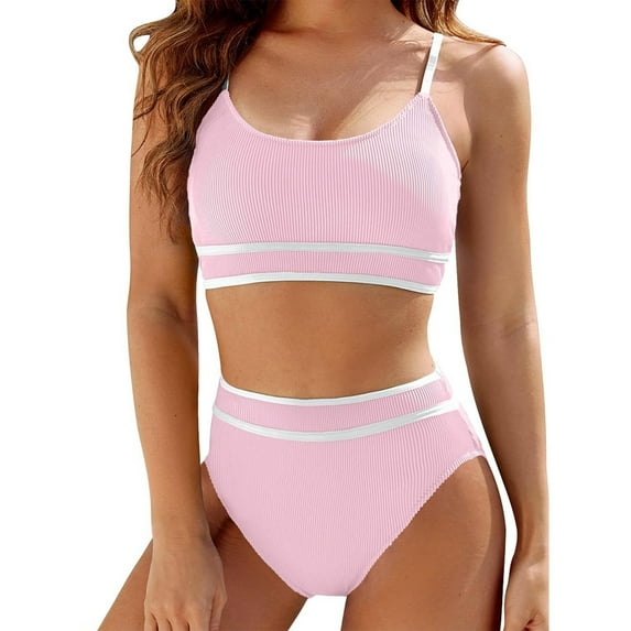 Nrmvnmi Women's High Waisted Bikini Sets Color Block Modest Swimsuits High Cut Rash Guard Bathing Suits Mothers Day Gifts