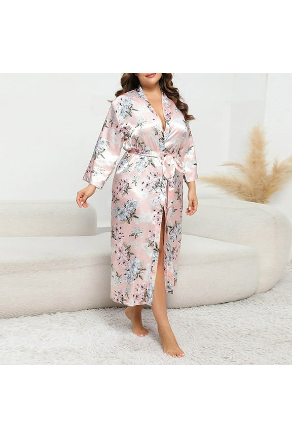 Women's Kimono Robe Long Floral Satin Sleepwear Silky Bathrobe Bachelorette Robes Full Length Kimonos Sleepwear Dressing Gown Soft Comfortable Loungewear With Belt