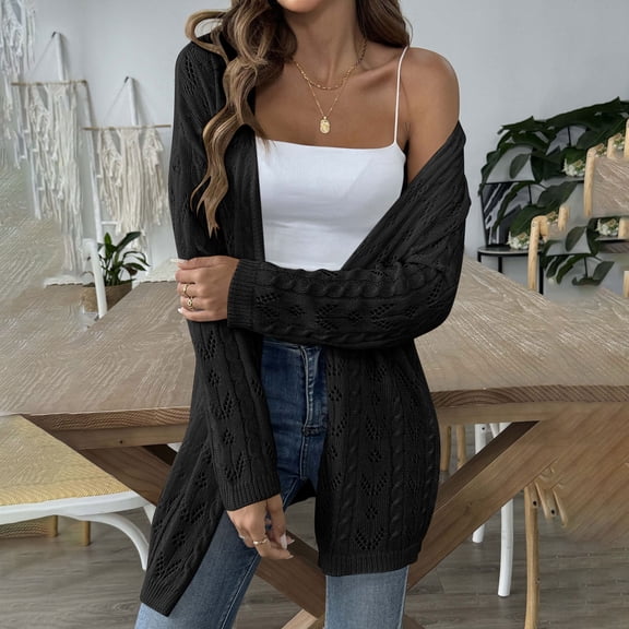 Nrmvnmi Women's Long Cardigan Sweater Trendy Open Front Chunky Cable Knit Duster Cardigans Coats Black