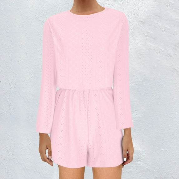 Nrmvnmi Women's Lounge Shorts Sets 2 Piece Outfits Summer Casual Knit Long Sleeve Eyelet Crew Neck Pullover Top Sweatsuits Mothers Day Gifts