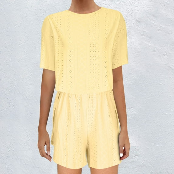 Nrmvnmi Women's Lounge Shorts Sets 2 Piece Outfits Summer Casual Knit Short Sleeve Eyelet Crew Neck Pullover Top Sweatsuits Mothers Day Gifts