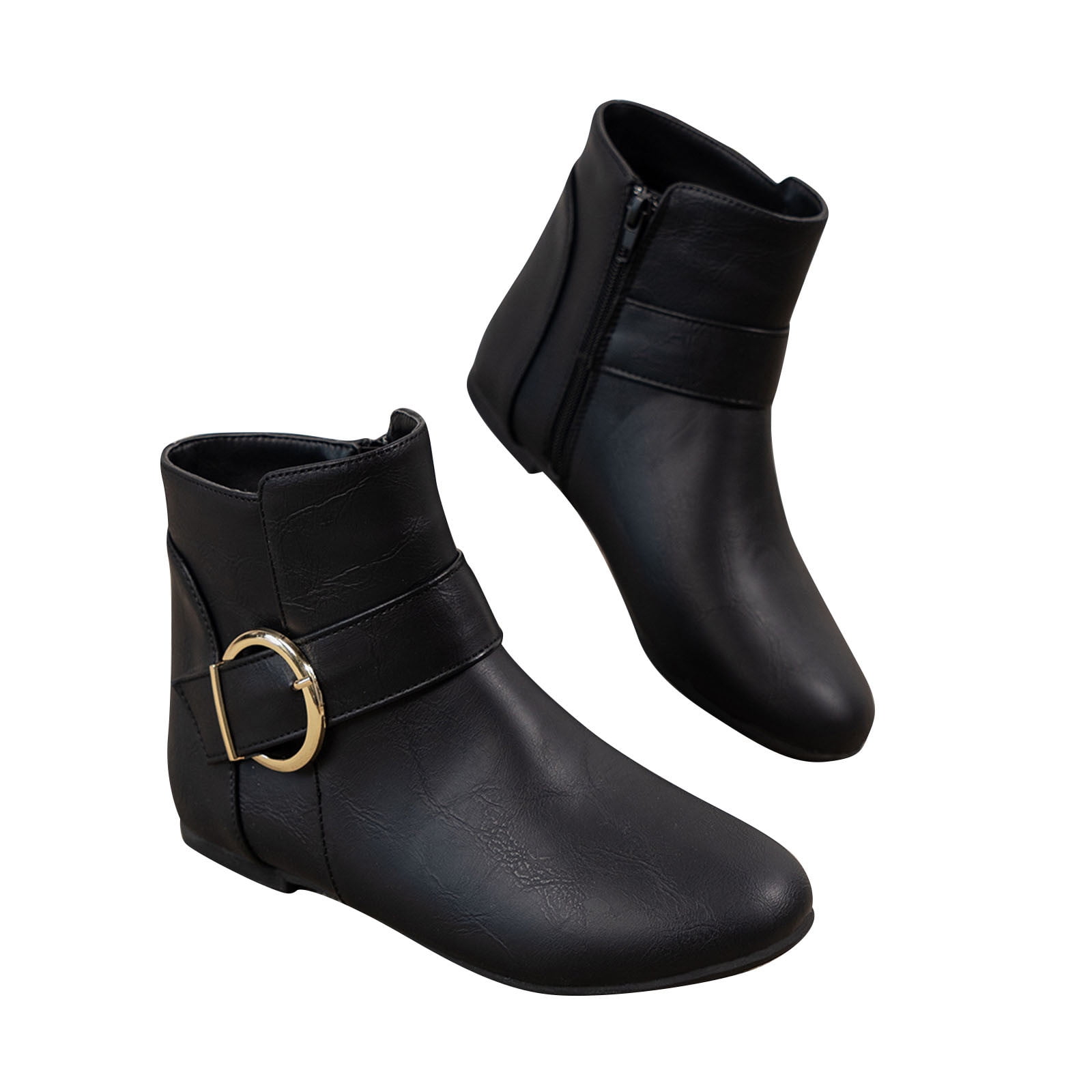 Nrmvnmi Women s Low Heeled Ankle Boots Closed Toe Large Buckle Side Zipper Flat Bottomed Low Cut Versatile Low Heels Ankles Booties Black Mothers Day Gifts Walmart