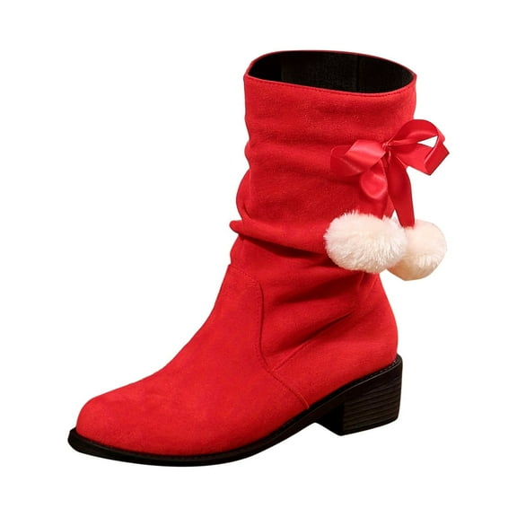 Nrmvnmi Women's Low-Heeled Mid Calf Boots Closed Toe British Faux Suede Round Toe Thick Heel Boots Western Cowboy Boots Plush Knight Slim Boots Red Mothers Day Gifts