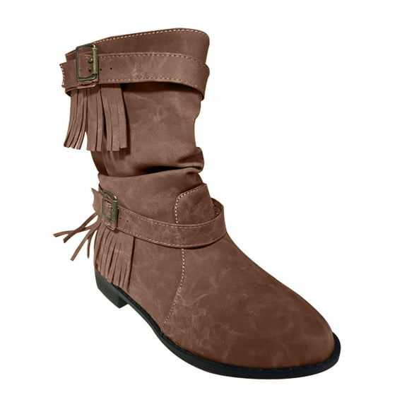 Nrmvnmi Women's Low-Heeled Mid Calf Boots Closed Toe Plus Size Mid-Tube Boots Tassel Buckle Round Toe Flat Boots Brown Mothers Day Gifts