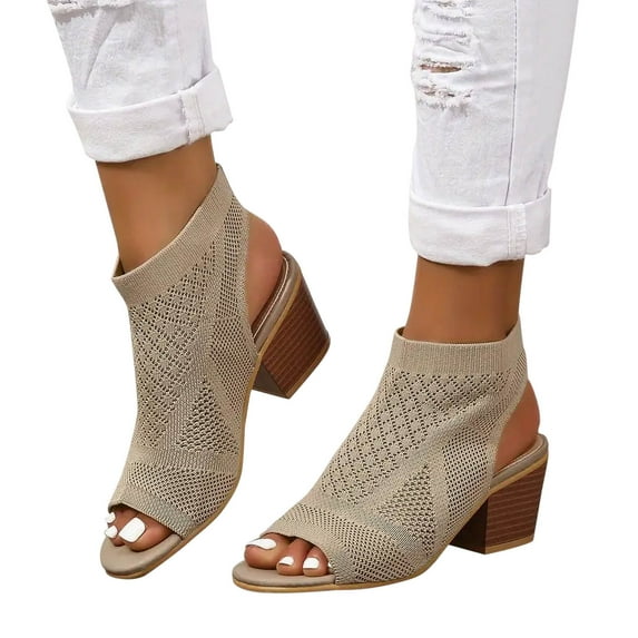 Nrmvnmi Women's Low Heels Sandals Chunky Heeled Knitting Open Toe Slip on Slingback Trendy Sandals Khaki Mothers Day Gifts