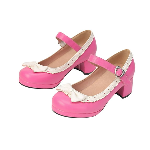 Nrmvnmi Women's Mary Shoes Heels Pumps Block High Heel Cute Ankle Strap Bow Closed Toe Wedding Dress Shoes Pink Mothers Day Gifts