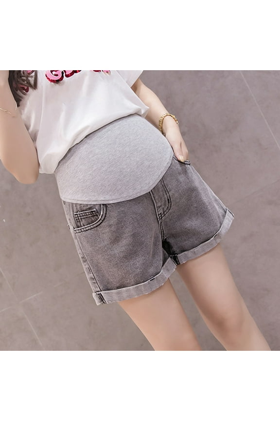 Women's Maternity Denim Cotton Shorts High Waist Elastic Waist Ripped Raw Hem Pregnancy Jeans Short