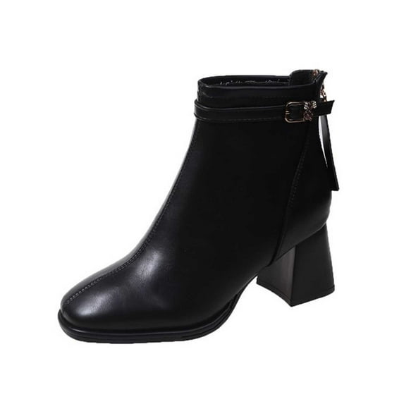 Nrmvnmi Women's Middle Heels Ankle Boots Closed Toe Trendy Solid Color Belt Buckle Cotton Boots Toe Back Zipper Chunky Heel Ankle Boots Black Mothers Day Gifts