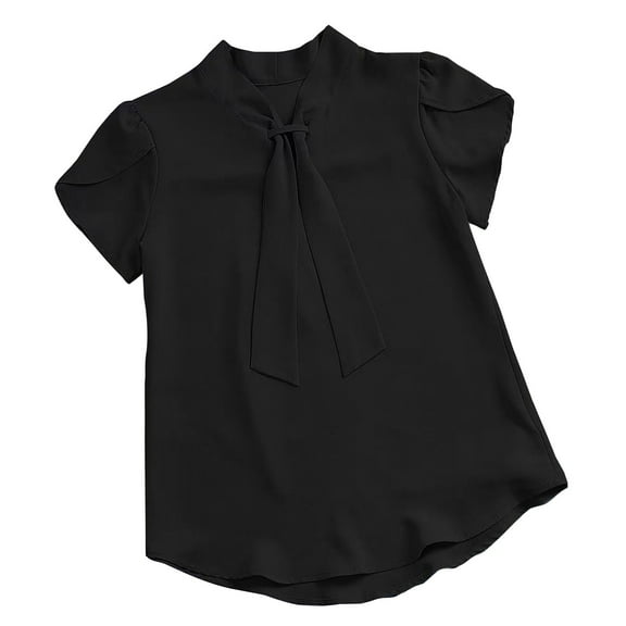 Nrmvnmi Women's Office Tie Neck Shirts Short Sleeve Work Office Summer Blouse Tops Solid Color Shirts Black LMothers Day Gifts