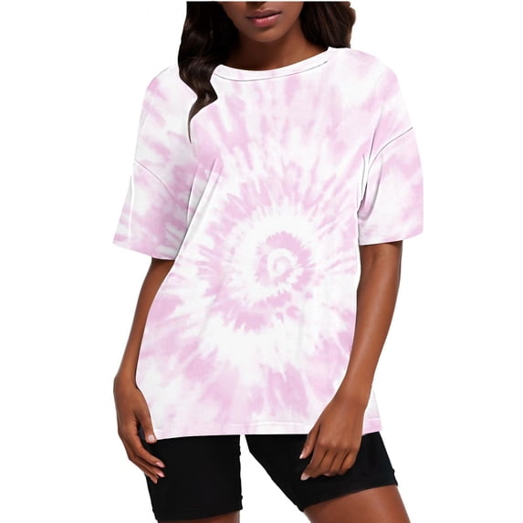 Nrmvnmi Women’s Oversized Tie-Dye Short Sleeve Tunic Tops Crew Neck Casual Drop Shoulder T Shirts Biker Shorts Set Mothers Day Gifts