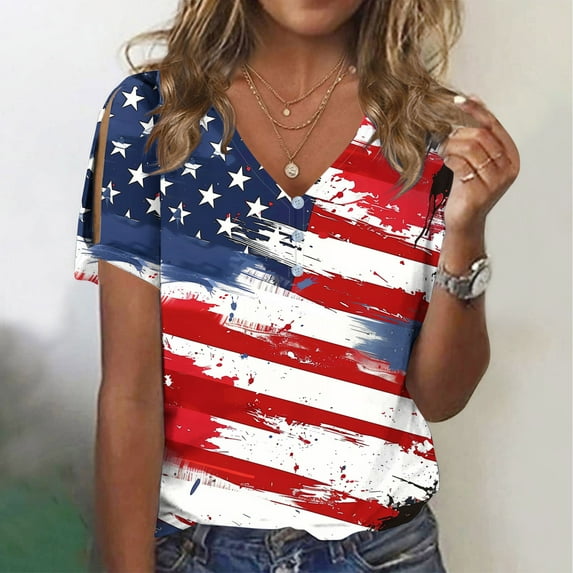 Nrmvnmi Women's Patriotic Short Sleeve Blouse Shirt Summer American Flag Dressy Casual Loose Cute Cold Shoulder Tunic Top Mothers Day Gifts Independence Day