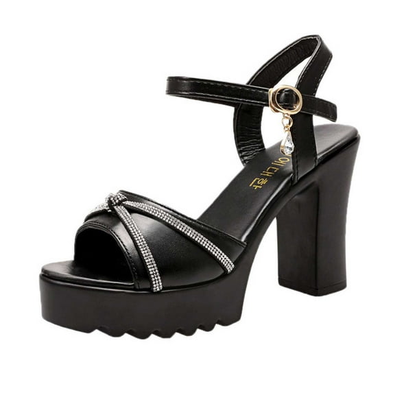 Nrmvnmi Women's Platform Heels Rhinestone High Block Chunky Open Toe Ankle Strap Heels Wedding Party Evening Prom Dance Dress Pumps Sandals Shoes Black Mothers Day Gifts