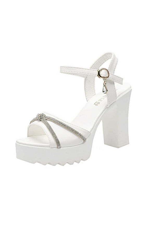Women's Platform Heels Rhinestone High Block Chunky Open Toe Ankle Strap Heels Wedding Party Evening Prom Dance Dress Pumps Sandals Shoes White Mothers Day Gifts
