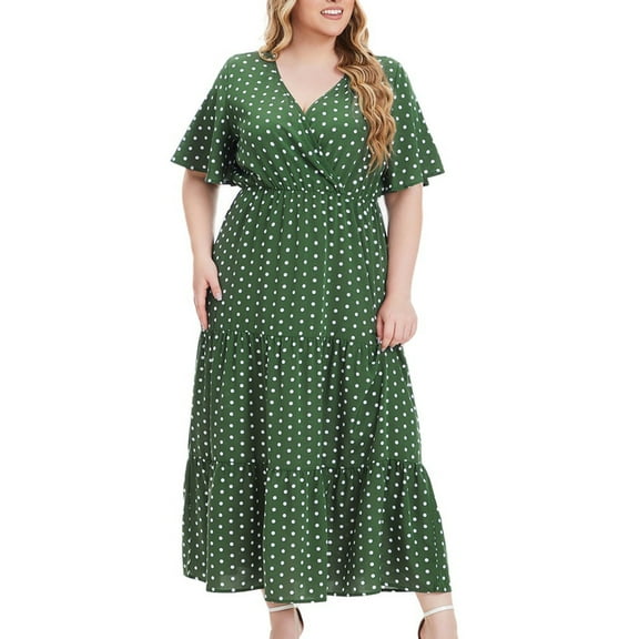 Nrmvnmi Women's Plus Size Floral Boho Summer Dress Polka Dot Casual Wrap V Neck Short Sleeve Belted Beach Bohemian Maxi Dress Green 2XLMothers Day Gifts