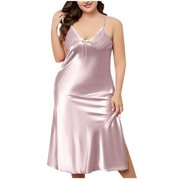 Nrmvnmi Women's Plus Size Nightgown Satin Lace Sleepwear V-Neck Chemise Full Slip Nightshirt Spaghetti Strap Lingerie Purple 3XLMothers Day Gifts