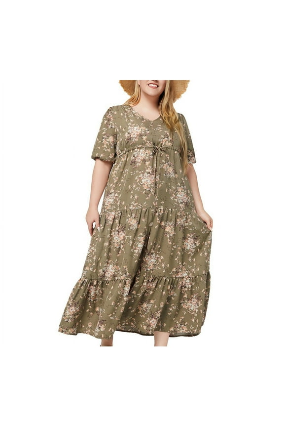 Women's Plus Size Summer Boho Maxi Dress Short Sleeve V Neck Smocked Flowy Ruffle Tiered Beach A-Line Split Long Dresses Olive Green XLMothers Day Gifts