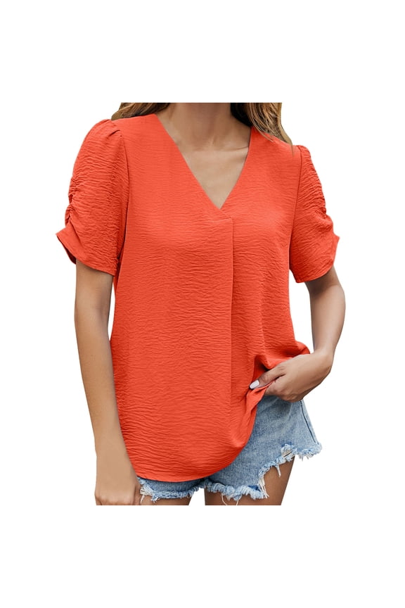 Women's Plus Size Tops Ruffle Short Sleeve V Neck Solid T Shirts Casual Loose Blouses Tunic Top For Mothers day gifts