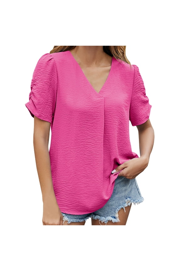 Women's Plus Size Tops Ruffle Short Sleeve V Neck Solid T Shirts Casual Loose Blouses Tunic Top For Mothers day gifts