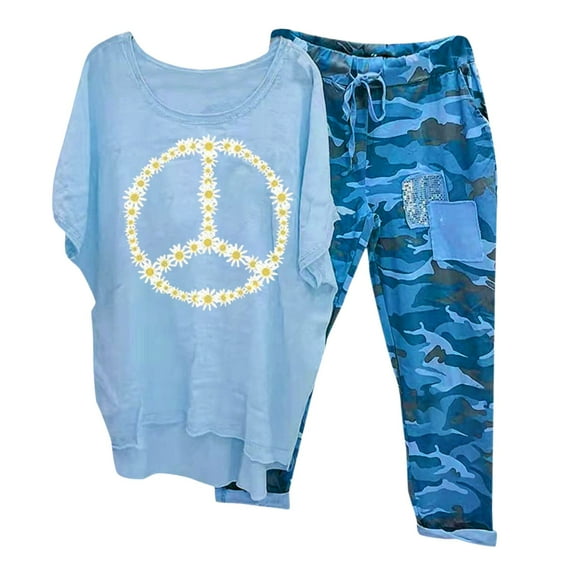 Nrmvnmi Women's Print Crewneck Half Sleeve Pullover Shirt Tops + Pants Trousers Set