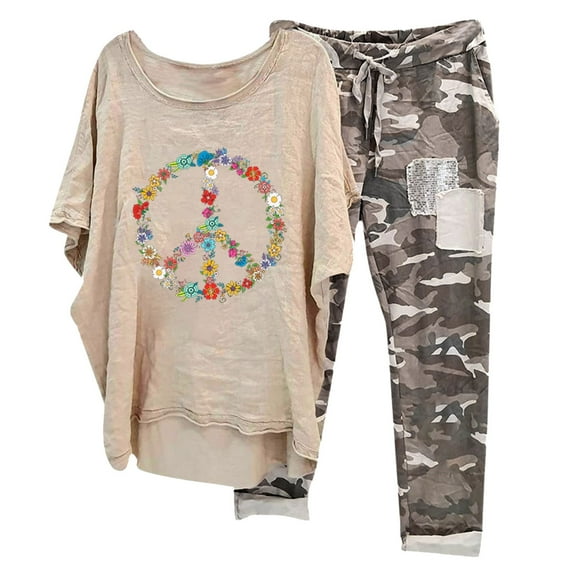Nrmvnmi Women's Print Crewneck Half Sleeve Pullover Shirt Tops + Pants Trousers Set
