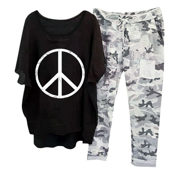 Nrmvnmi Women's Print Crewneck Half Sleeve Pullover Shirt Tops + Pants Trousers Set