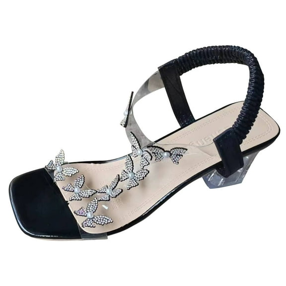 Nrmvnmi Women's Pumps Open Toe Summer Floral Plus Size Elastic Crystal Heel Sandals Black Mothers Day Gifts