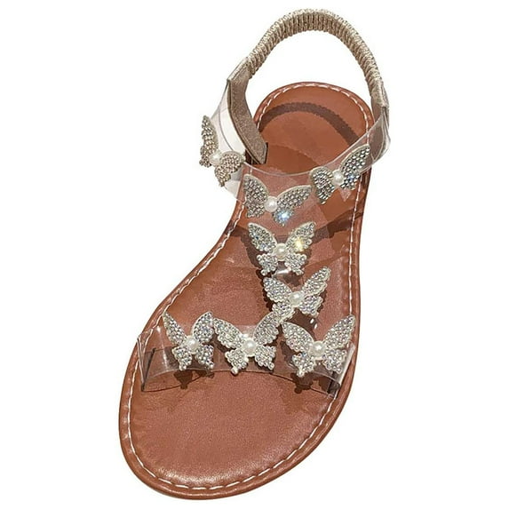 Nrmvnmi 2024 Women's Sandals Comfortable Dressy Summer Floral Open Toe Rhinestone Large Size Flat Transparent One-Line Strap Sandals Gold Mothers Day Gifts