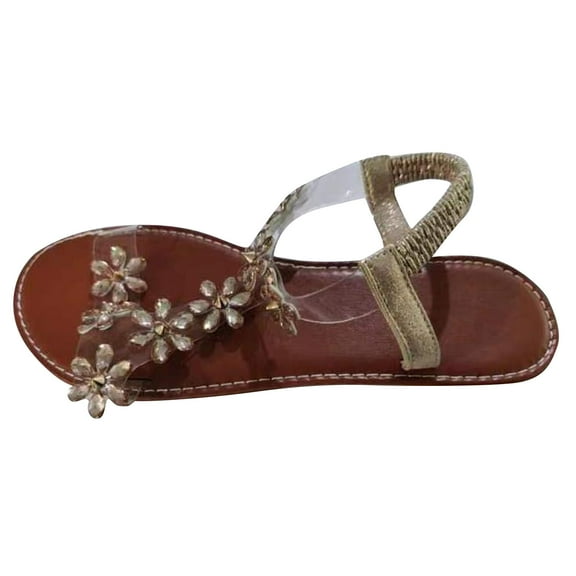 Nrmvnmi Women's Sandals Comfortable Dressy Summer Floral Open Toe Rhinestone Large Size Flat Transparent One-Line Strap Sandals Gold Mothers Day Gifts