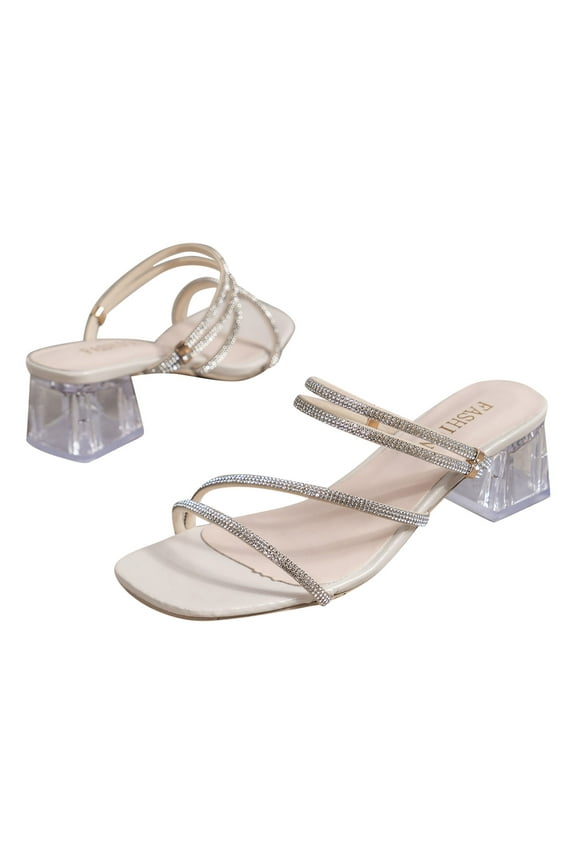 Women's Sandals Comfortable Dressy Summer Open Toe Rhinestone High Heels British Trendy Thick Heels Sandals Beige Mothers Day Gifts