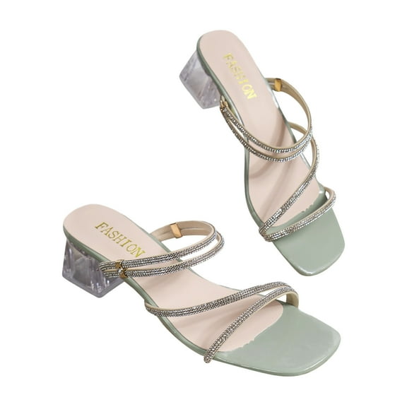 Nrmvnmi Women's Sandals Comfortable Dressy Summer Open Toe Rhinestone High Heels British Trendy Thick Heels Sandals Green Mothers Day Gifts