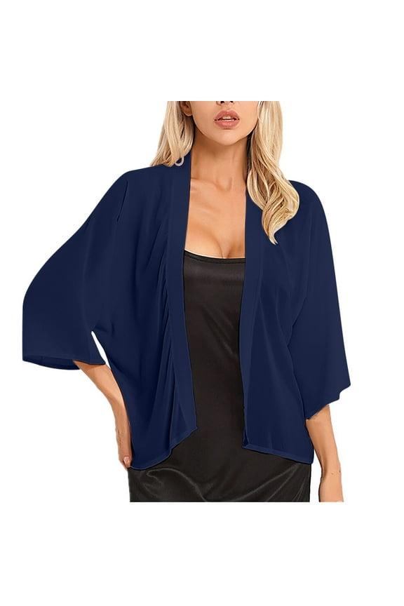 Women’s Sheer Shrugs Summer 3/4 Sleeve Lightweight Draped Ruffles Open Front Cropped Cardigan Bat Sleeve Chiffon Kimono Cardigans for Women Blue