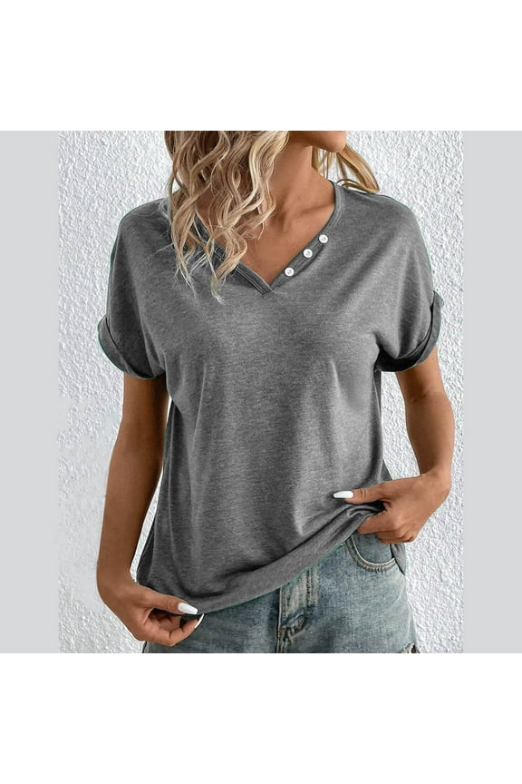 Women's Short Sleeve Henley Neck Tops Solid Color Loose Fit Tee Summer Tops Casual T Shirt For Mother day Gifts