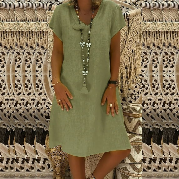 Nrmvnmi Women's Short Sleeve T Shirt Dress Casual Cotton Linen Knee-Long Dress V Neck Summer Beach Dress with Pockets Mothers day Gifts for Wife
