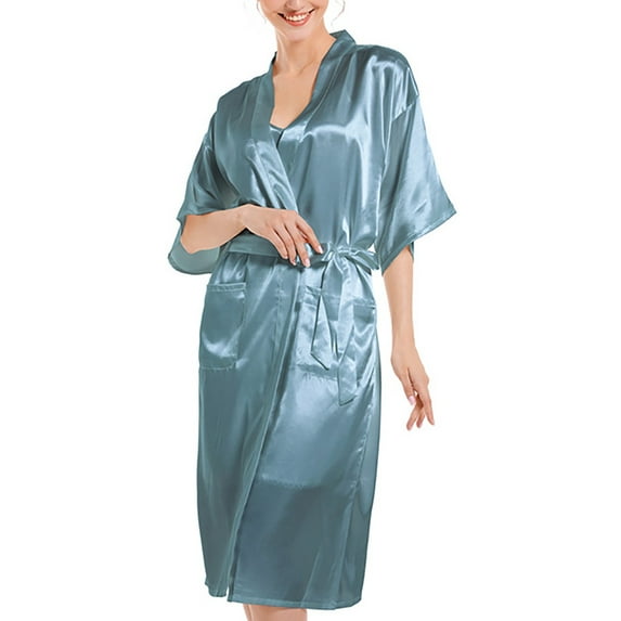 Nrmvnmi Women's Silk Robes Kimonos Satin Pajamas Solid Color Glossy Nightgown Short Sleeve Bathrobe Bridesmaid Bride Party Pjs With Pockets Belt