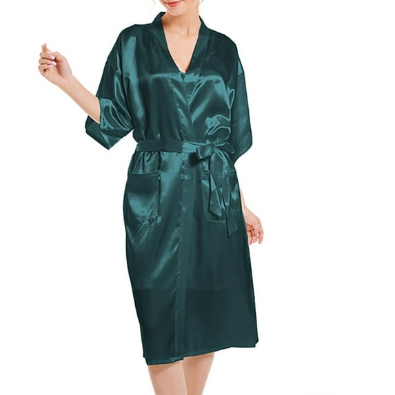 Nrmvnmi Women's Silk Robes Kimonos Satin Pajamas Solid Color Glossy Nightgown Short Sleeve Bathrobe Bridesmaid Bride Party Pjs With Pockets Belt