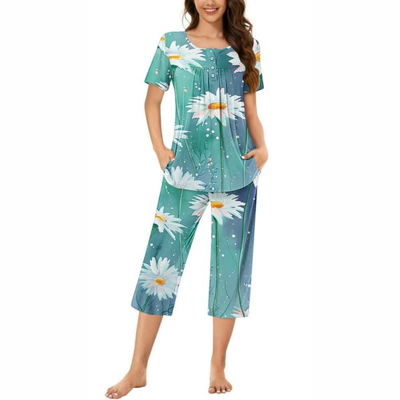 Nrmvnmi Women's Sleepwear Capri Pajama Sets Flower Prints Button Folded Crew Neck Short Sleeved Tops And Elastic Waisted Pants With Pockets Comfortable Loungewear Sports Pajama Set