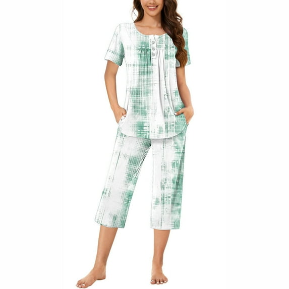 Nrmvnmi Women's Sleepwear Capri Pajama Sets Gradient Color Button Folded Crew Neck Short Sleeved Tops And Elastic Waisted Pants With Pockets Comfortable Loungewear Sports Pajama Set