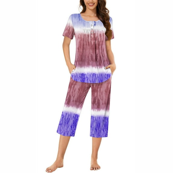 Nrmvnmi Women's Sleepwear Capri Pajama Sets Gradient Color Button Folded Round Neck Short Sleeved Tops And Elastic Waisted Pants With Pockets Comfortable Loungewear 2 Piece Sets
