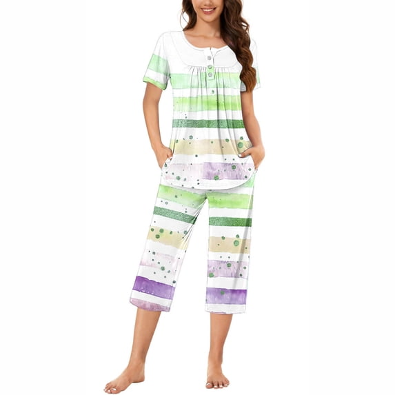 Nrmvnmi Women's Sleepwear Capri Pajama Sets Gradient Color Stripes Button Folded Crew Neck Short Sleeved Tops And Elastic Waisted Pants With Pockets Comfortable Loungewear Sports Pajama Set