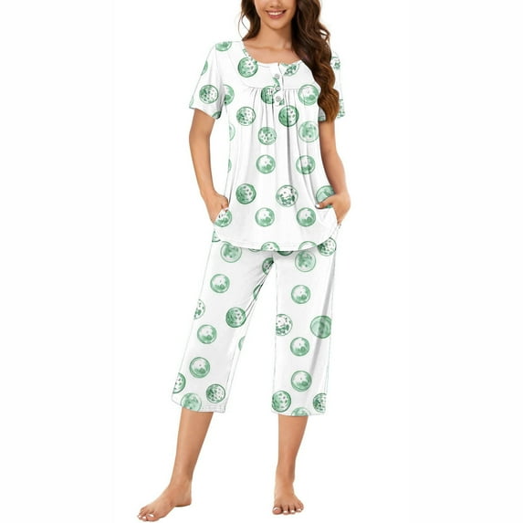 Nrmvnmi Women's Sleepwear Capri Pajama Sets Graphic Prints Button Folded Crew Neck Short Sleeved Tops And Elastic Waisted Pants With Pockets Comfortable Loungewear Sports Pajama Set