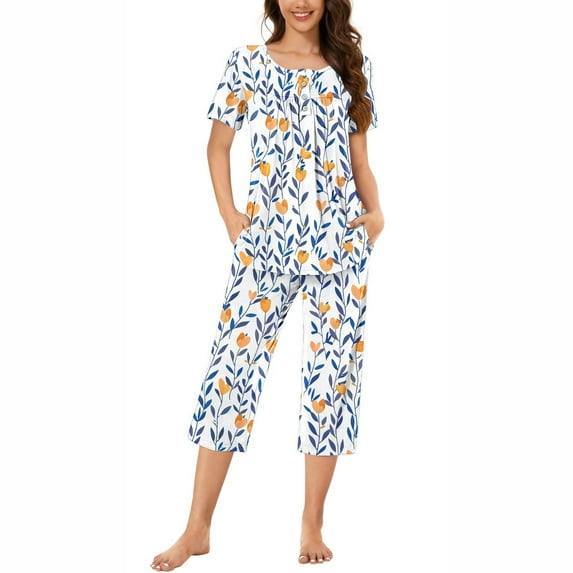 Nrmvnmi Women's Sleepwear Capri Pajama Sets Graphic Prints Button Folded Crew Neck Short Sleeved Tops And Elastic Waisted Pants With Pockets Comfortable Loungewear Sports Pajama Set