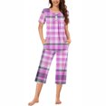 thumbnail image 1 of Nrmvnmi Women's Sleepwear Capri Pajama Sets Plaid Prints Button Folded Crew Neck Short Sleeved Tops And Elastic Waisted Pants With Pockets Comfortable Loungewear Sports Pajama Set, 1 of 1