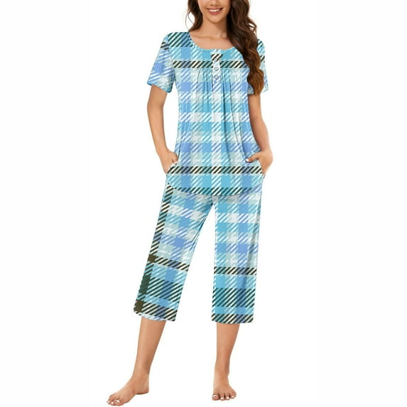 Nrmvnmi Women's Sleepwear Capri Pajama Sets Plaid Prints Button Folded Crew Neck Short Sleeved Tops And Elastic Waisted Pants With Pockets Comfortable Loungewear Sports Pajama Set