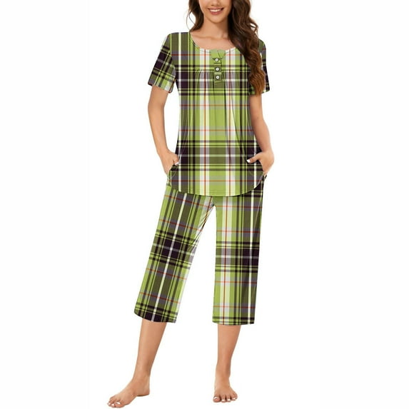 Nrmvnmi Women's Sleepwear Capri Pajama Sets Plaid Prints Button Folded Crew Neck Short Sleeved Tops And Elastic Waisted Pants With Pockets Comfortable Loungewear Sports Pajama Set