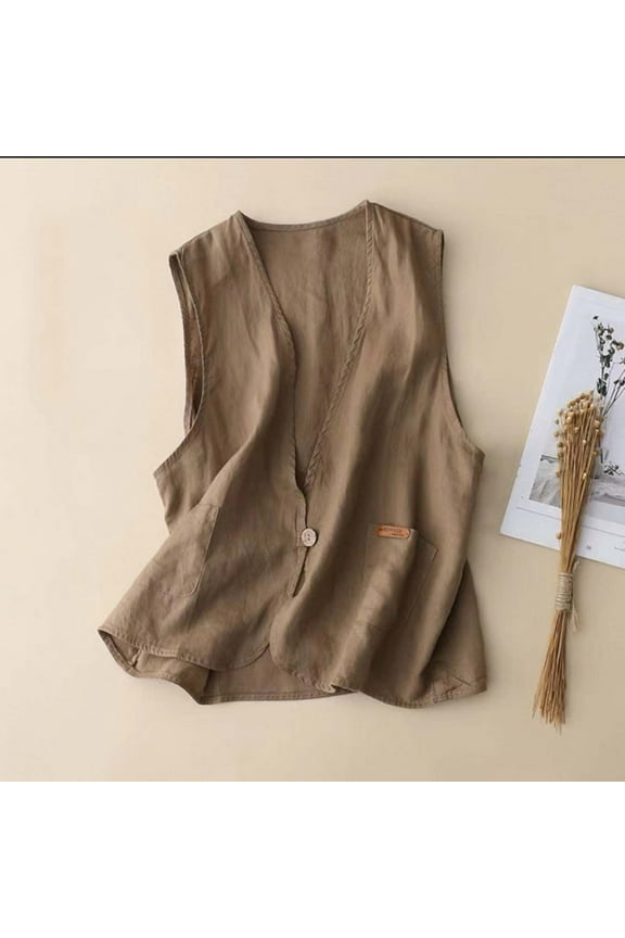 Women's Sleeveless Cotton Linen Vest Solid Color Button Down V Neck Waistcoat Button closure Jacket With Pockets Khaki