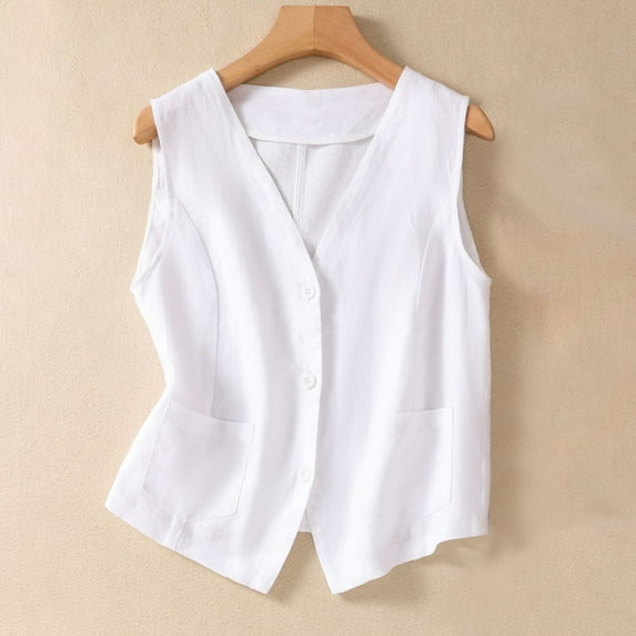 Nrmvnmi Women's Sleeveless Cotton Linen Vest Solid Color Button Down V Neck Waistcoat Button closure Jacket With Pockets White